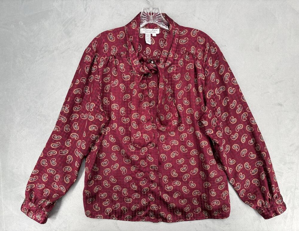 Vintage Shirt Womens 14 Burgundy Tie-Neck Blouse Paisley Work 1970s style